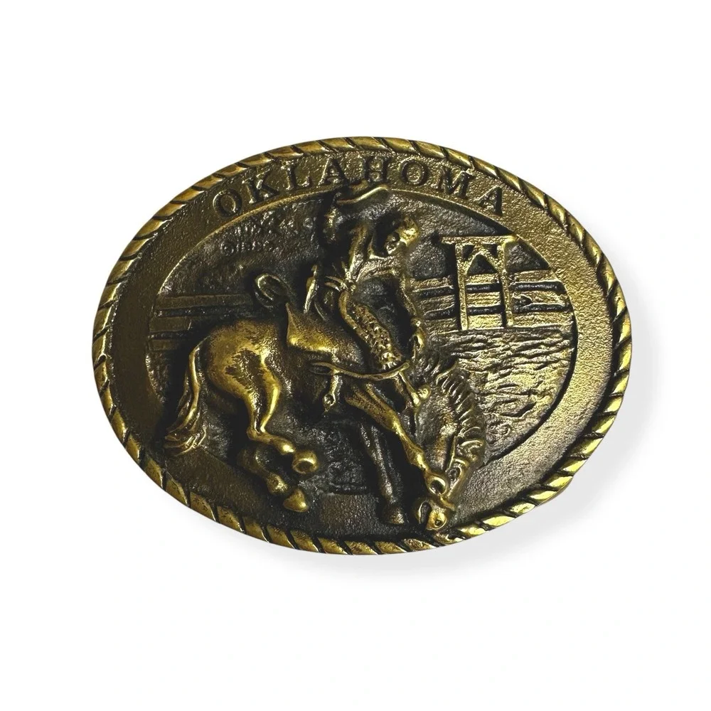VTG 1980 Brass All Around Cowboy Oklahoma Western Bucking Horse Belt Buckle 3.5